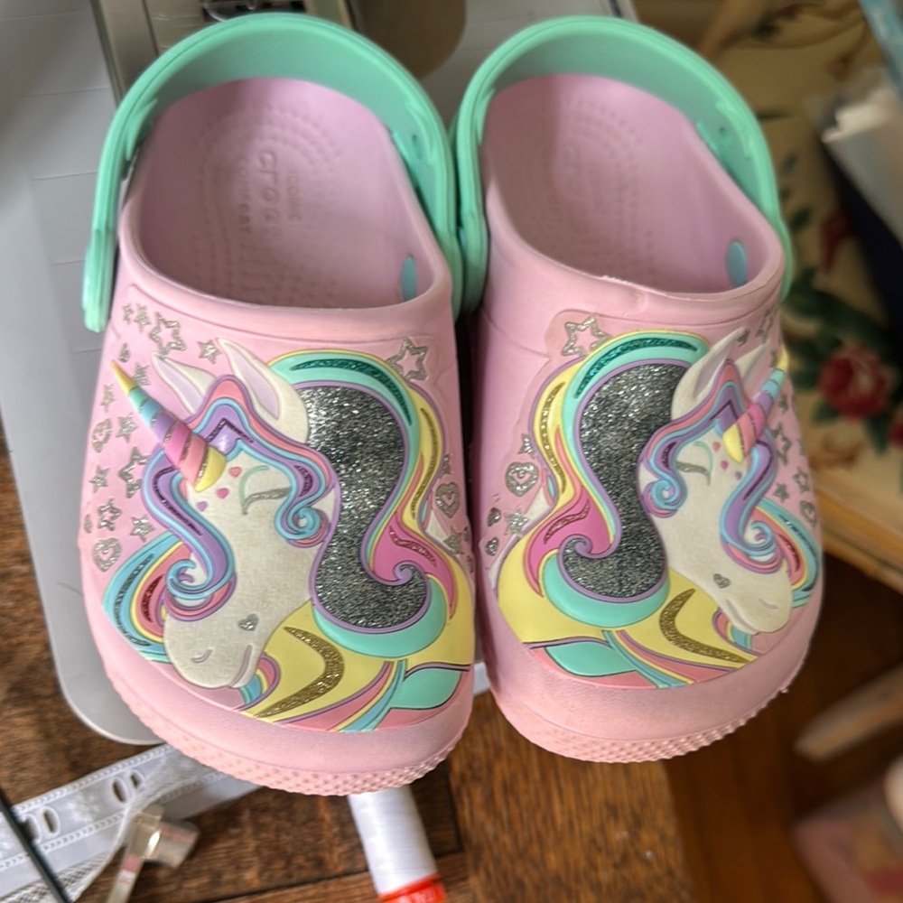 Crocs Kids Unicorn Clogs - Pink and Green like new